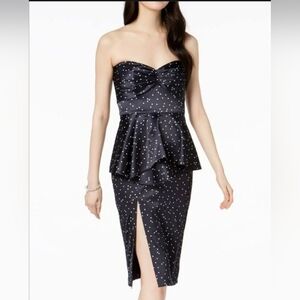 Bardot Satin Polka Dot Strapless Peplum Dress